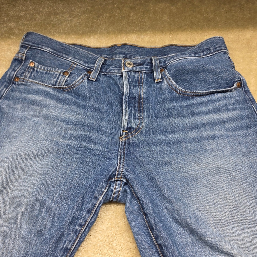 Levis 501 T Tapered Premium Jeans Medium Wash Raw Hem Button Fly Blue Denim